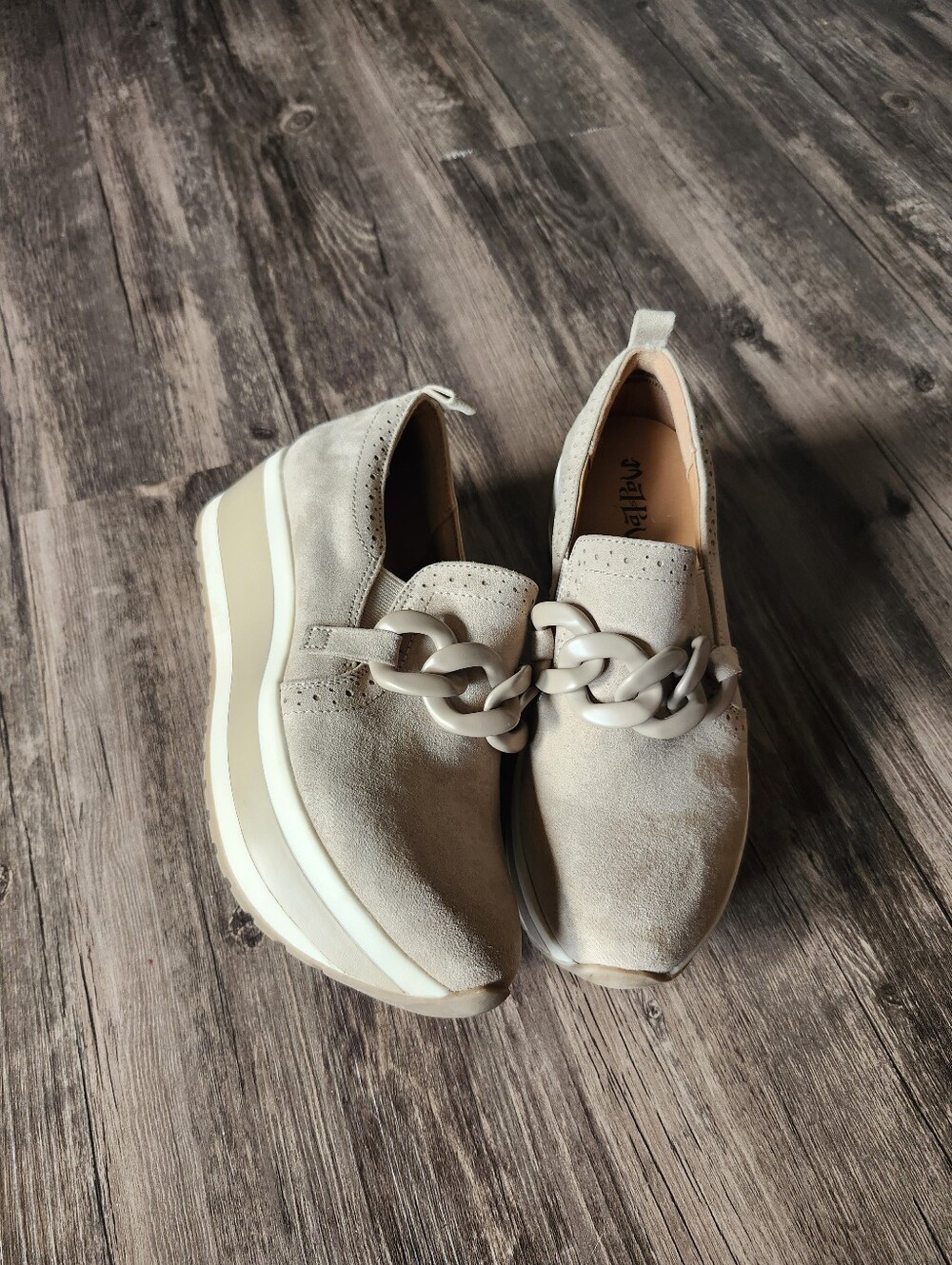 Mad Love Beige Platform Slip-On Shoes with Decorative Chain